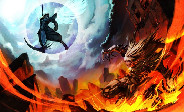 Warrior with Scythe Battles Fiery Monster