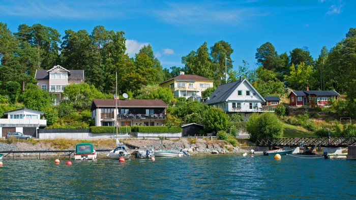 Houses on a hill by the water in Vaxholm, Sweden