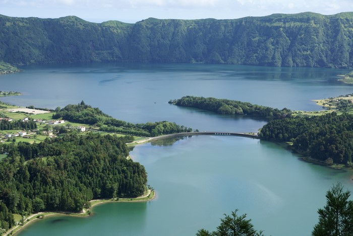 View of Sete Cidades twin lakes from above, Azores, Portugal