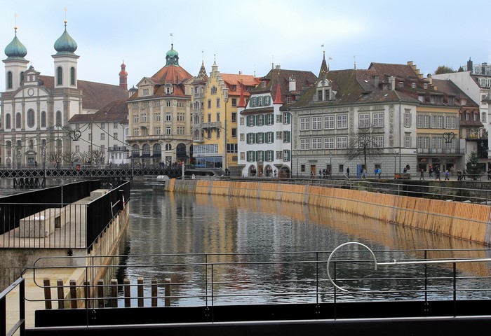 Lucerne, Switzerland Waterfront with historic buildings and wooden installation