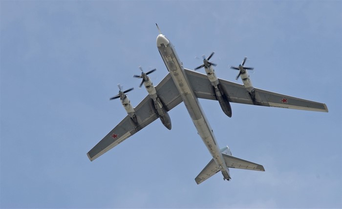 Tupolev Tu-95MS strategic bomber flying in the sky