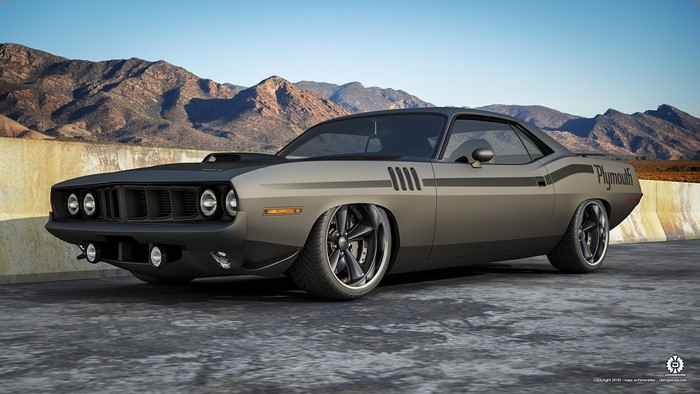 Grey Plymouth Barracuda with racing stripes