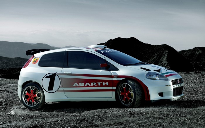 White Abarth Fiat Punto with racing stripes