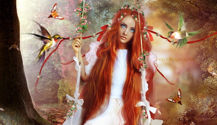 Redhead girl on a swing with hummingbirds and butterflies
