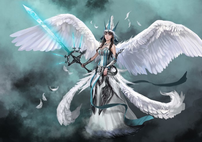 Angel warrior with glowing sword and white wings