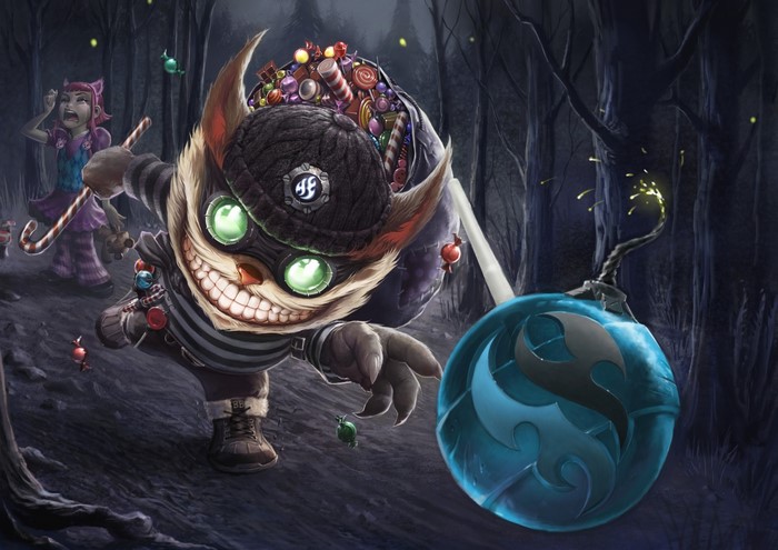 Ziggs from League of Legends with candy and a bomb