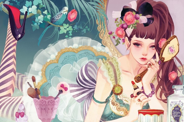 Painting of a woman with makeup and accessories