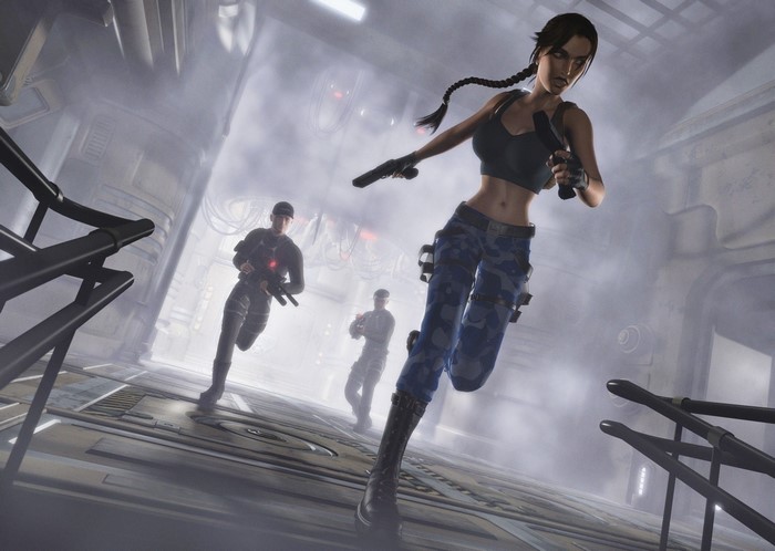 Lara Croft from Tomb Raider running with guns