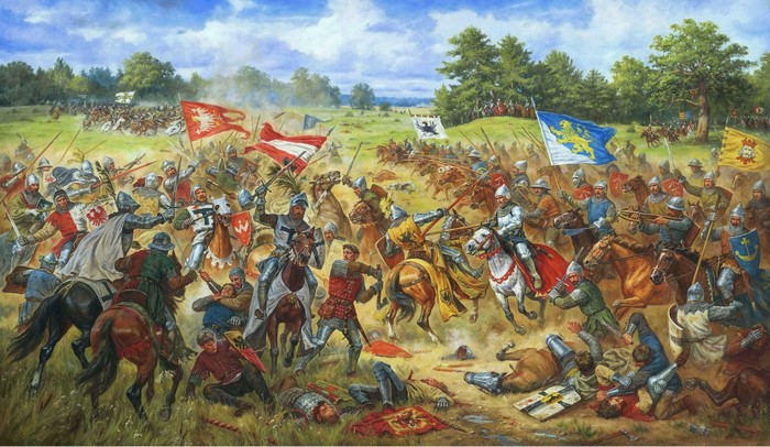 Medieval Battle Scene with Armored Warriors and Horses