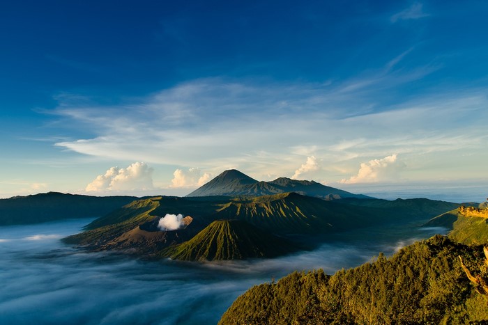Volcanoes and clouds over Jawa, Indonesia from above