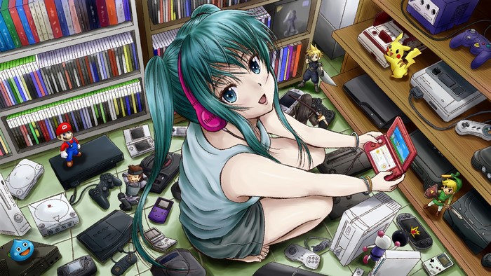 Hatsune Miku surrounded by video games and consoles