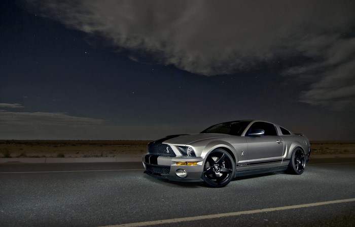 Grey Ford Mustang Shelby GT500 at night