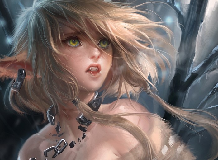Elf girl with fangs and blonde hair