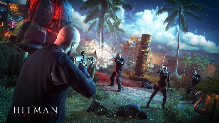 Agent 47 from Hitman Absolution in a firefight