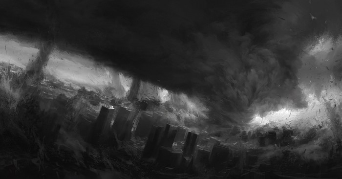 Cityscape under a dark, swirling storm with tornadoes