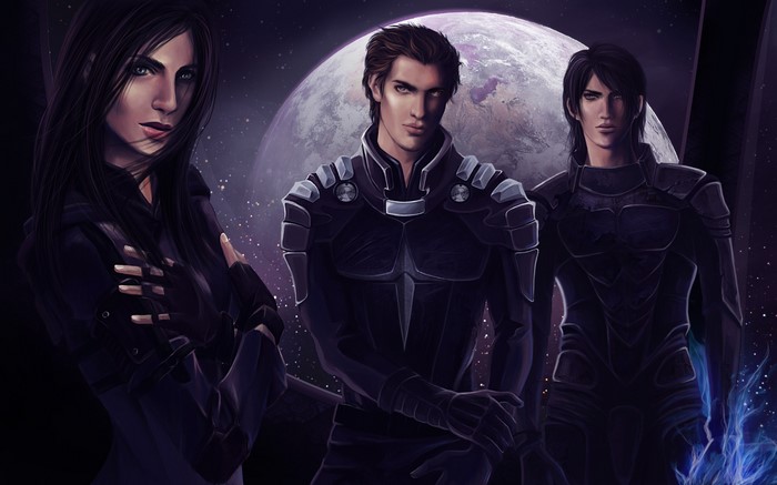 Three figures in futuristic armor with a planet in the background