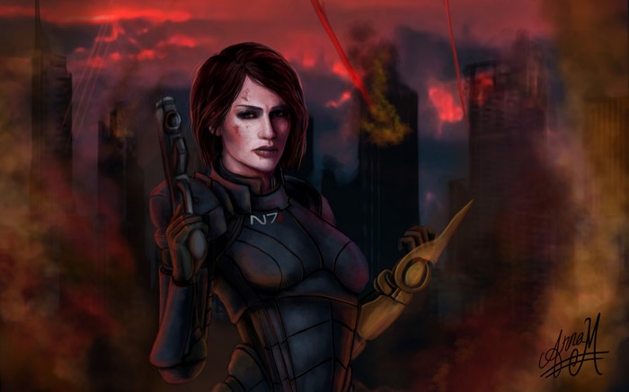 Jane Shepard from Mass Effect in a burning city