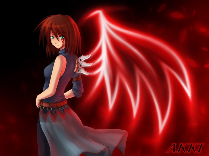 Redhead girl with red wings and a weapon