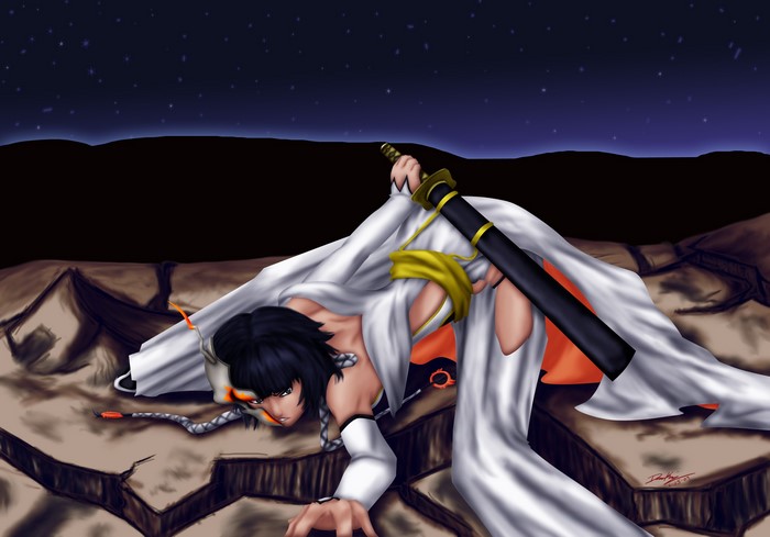 Woman with sword in a desolate landscape