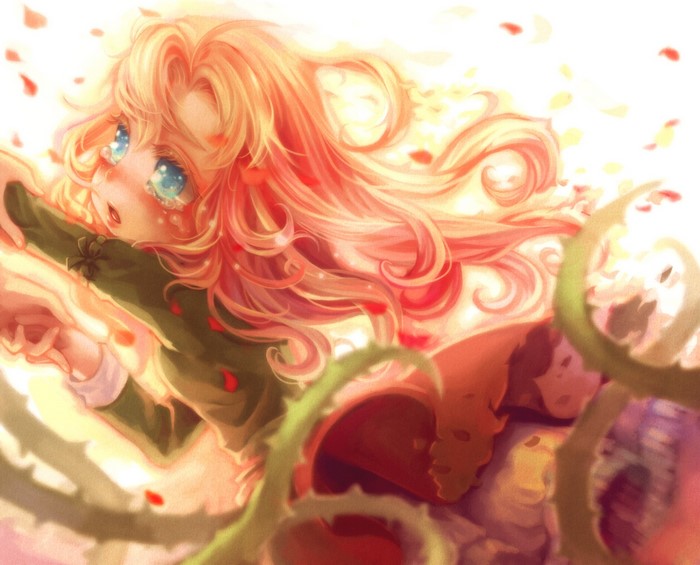 Girl with pink hair and blue eyes crying