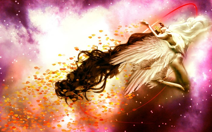 Angel with long dark hair in flight