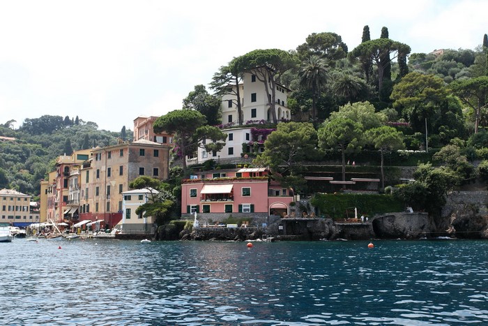 Colorful houses on a hillside overlooking the water in Portofino, Italy