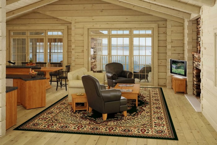 Living room with fireplace and lake view