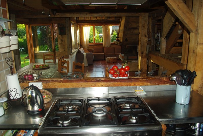 Rustic wooden kitchen and living room interior with outdoor view