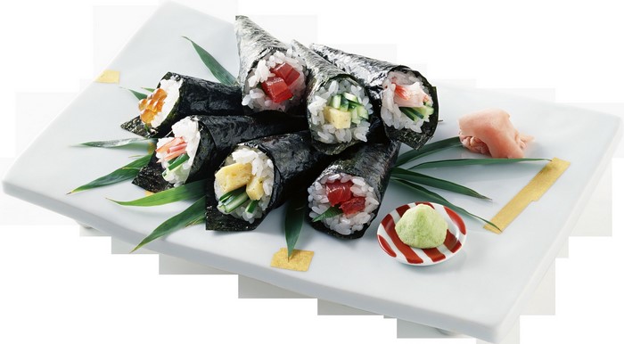 Assortment of Japanese hand-rolled sushi cones on a white plate