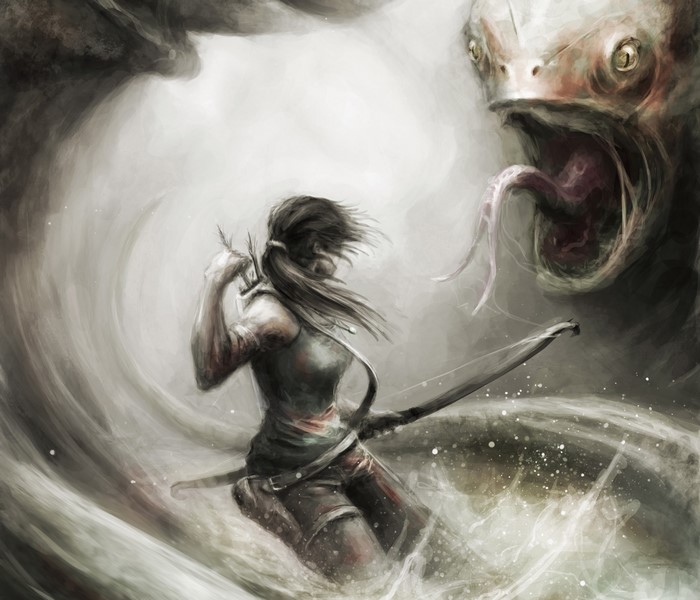 Lara Croft from Tomb Raider fighting a monster