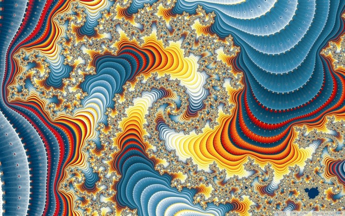 Abstract fractal pattern with blue, red, and yellow colors