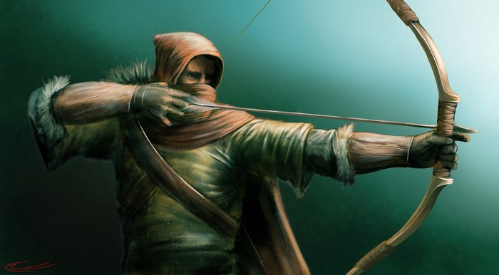 Hooded Archer Aiming a Bow with Wooden Arrow