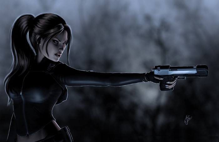 Lara Croft from Tomb Raider holding a pistol