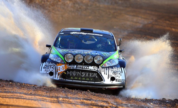 Ford Fiesta rally car splashing through water