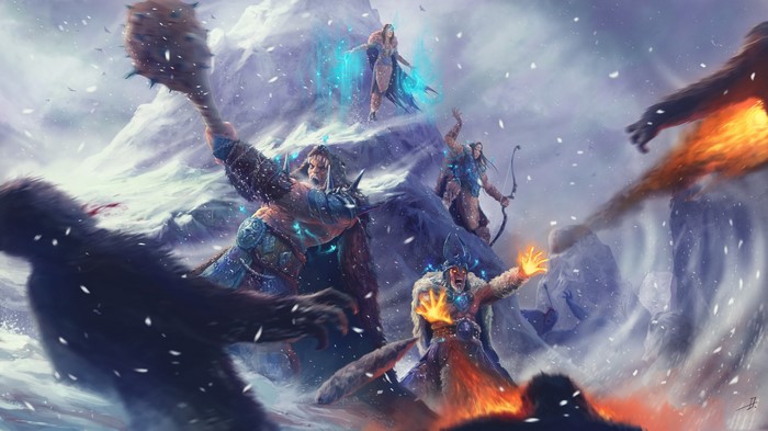 Warriors battling giants in a snowy mountain landscape