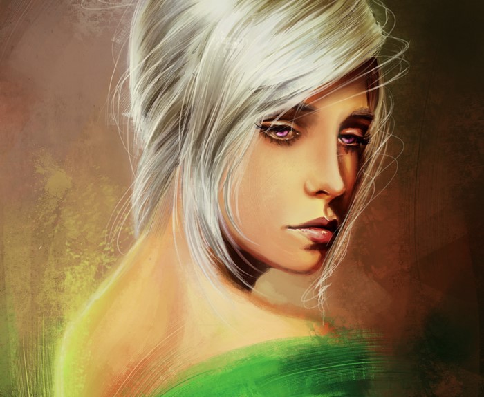 Painting of a blonde girl with purple eyes