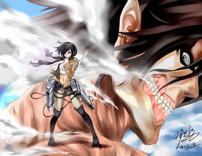 Mikasa Ackerman and the Colossal Titan from Attack on Titan