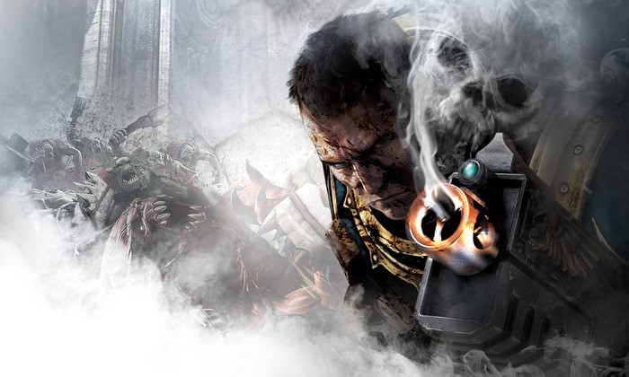 Warhammer 40,000 soldier with smoking gun and fallen enemies