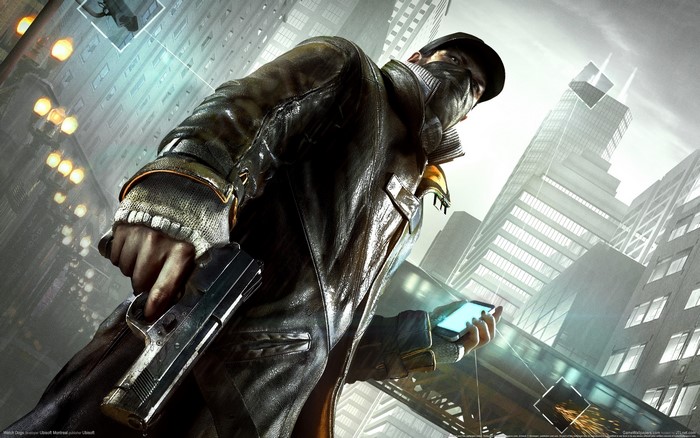 Aiden Pearce from Watch Dogs holding a pistol and smartphone