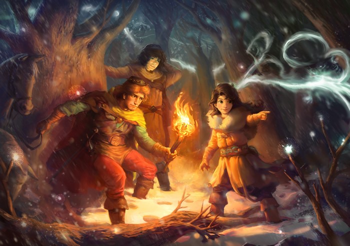 Three people and a horse in a snowy forest with a torch