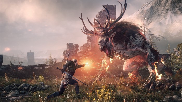 Geralt of Rivia from The Witcher 3: Wild Hunt battles a monster