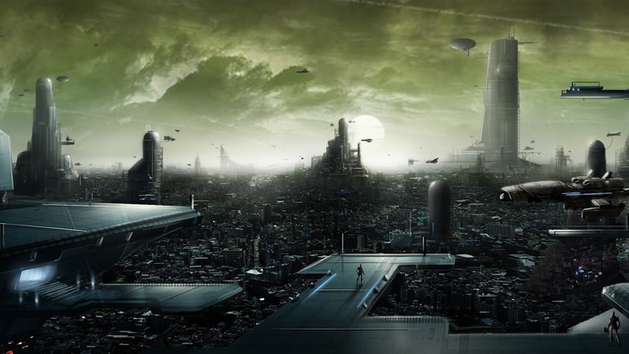 Futuristic city with flying vehicles and tall buildings