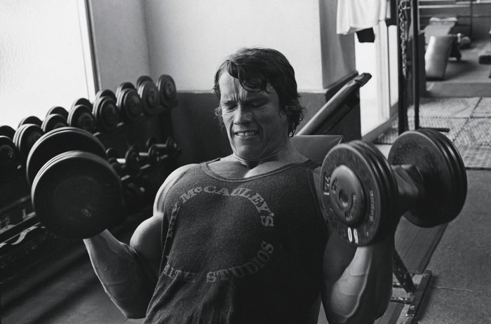 Arnold Schwarzenegger lifting dumbbells in a gym