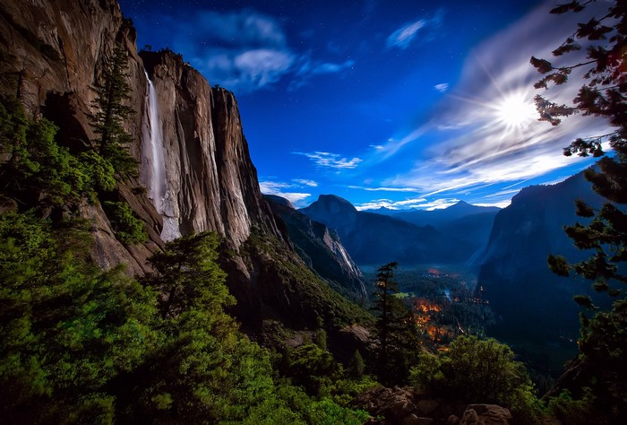 Yosemite National Park Waterfall at Night