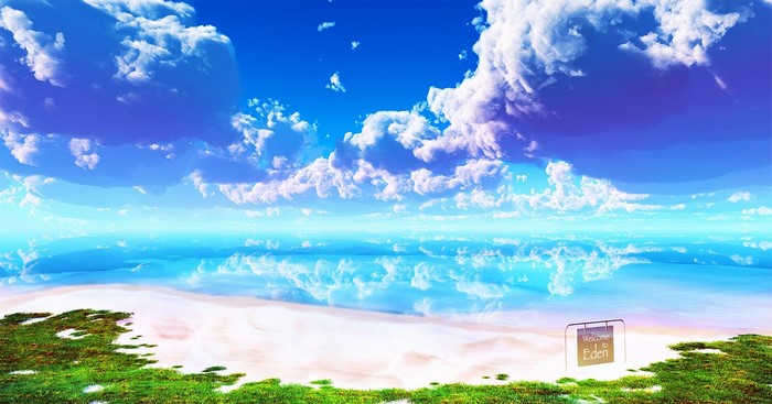 Beach with Welcome to Eden sign under blue sky