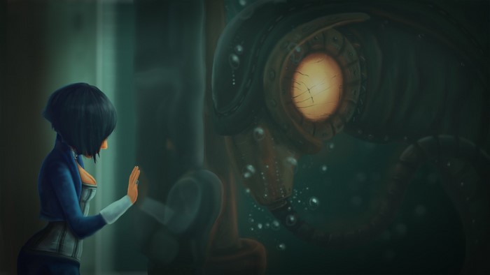 Elizabeth from BioShock Infinite encounters a large mechanical creature