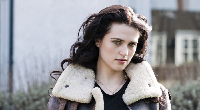 Katie McGrath wearing a shearling jacket