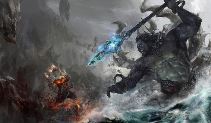 Giant warrior with glowing spear fights fiery warrior