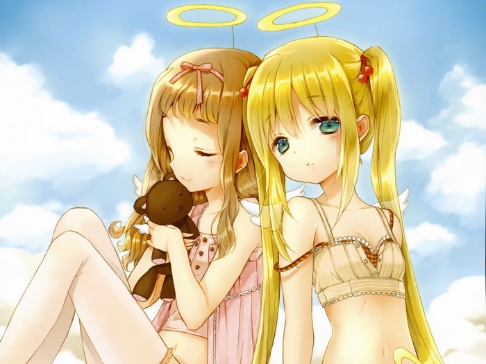 Two anime girls with halos and wings
