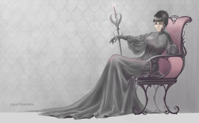 Woman in Gothic Dress with Mage Staff on Armchair